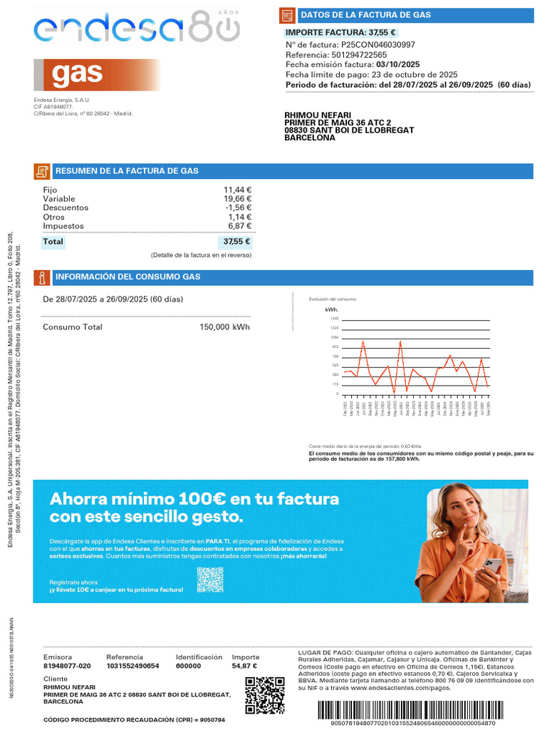 Factura de Gas Endesa: Detalles y Pago | PDF | España