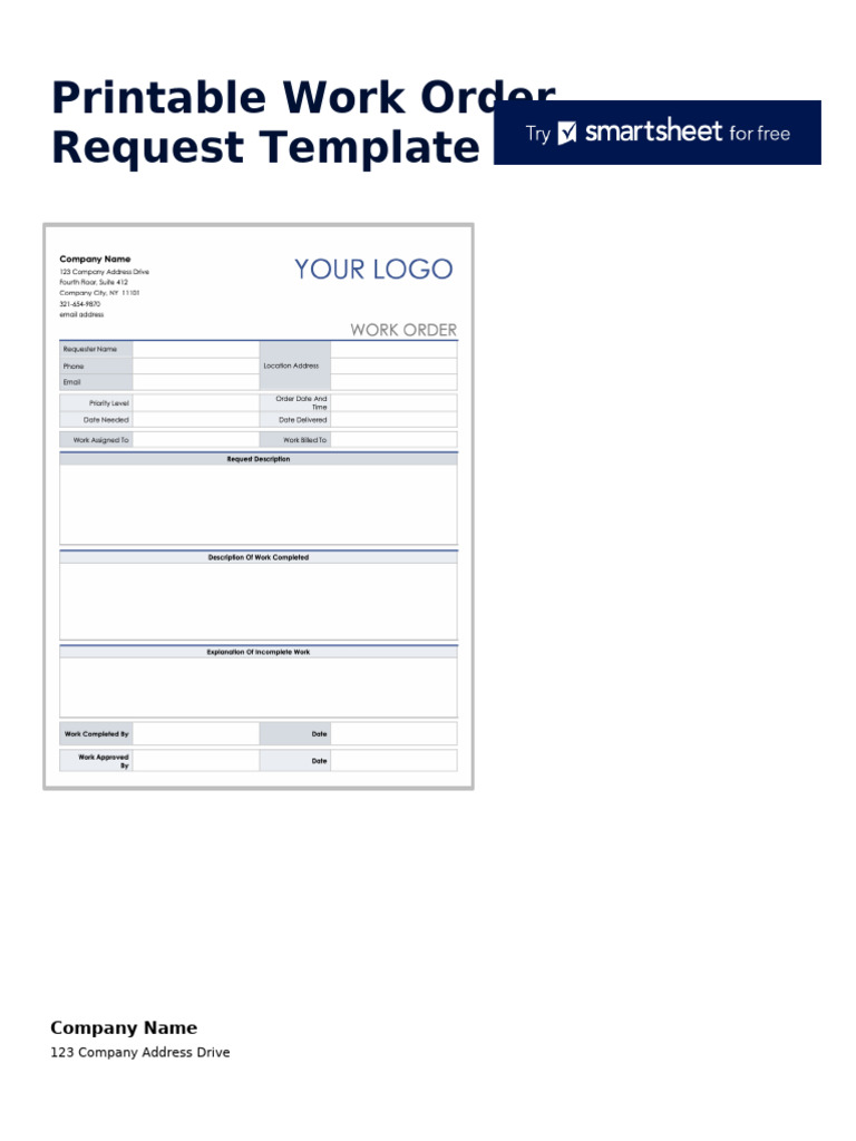 Printable Work Order Request Template | PDF