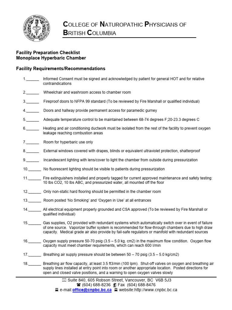 Monoplace Hyperbaric Chamber Checklist | PDF