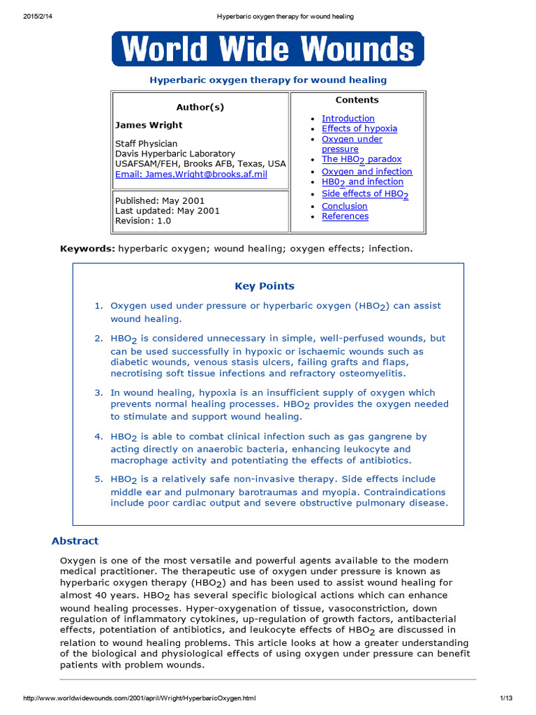 Hyperbaric Oxygen Therapy for Wounds | PDF | Wound | Wound Healing