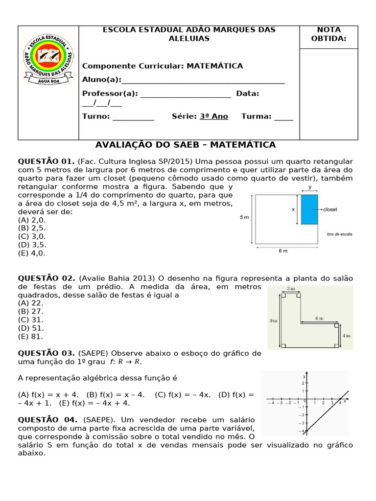 Simulados SAEB 2025: Matemática 3º Ano | PDF