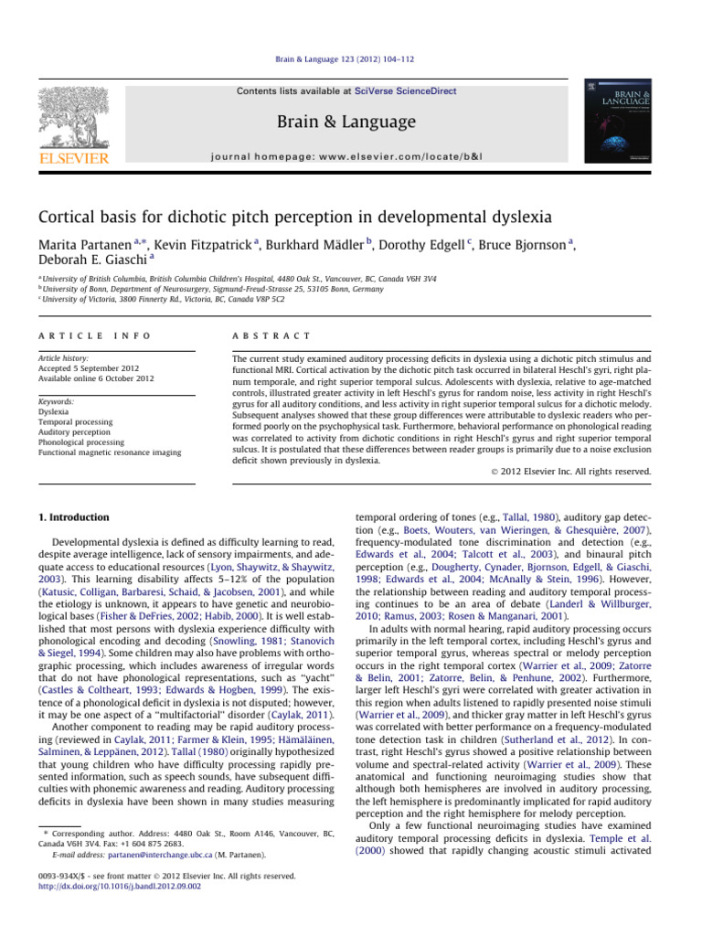 Dyslexia and Dichotic Pitch Perception | PDF | Dyslexia | Insular Cortex