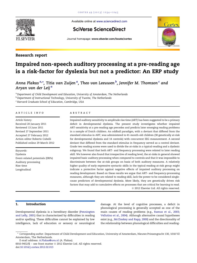 Impaired Non Speech Auditory Processing at A Pre Reading Age Is A R ...