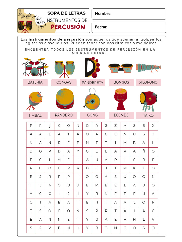 Ficha Educativa de Sopa de Letras de Instrumentos Musicales de ...
