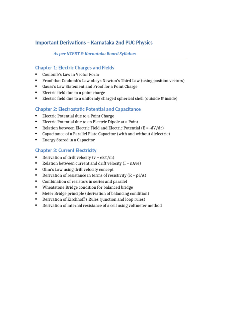 Important Derivations Karnataka 2nd PUC Physics | PDF