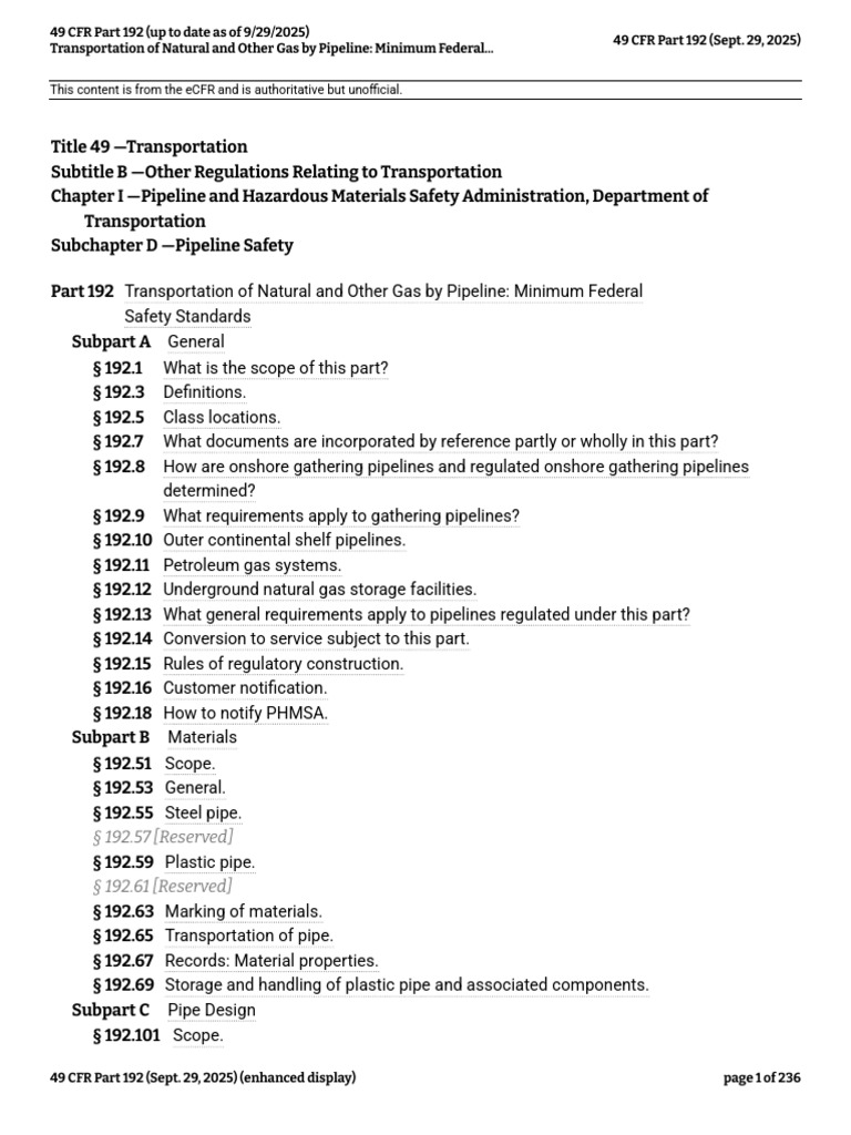 49 CFR Part 192 (Up To Date As of 9-29-2025) | PDF | Pipe (Fluid ...