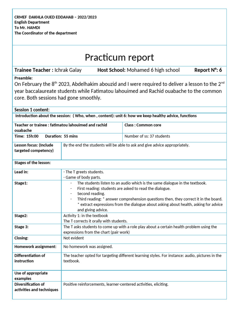 Practicum Report: English Teaching Sessions | PDF | Cognition ...