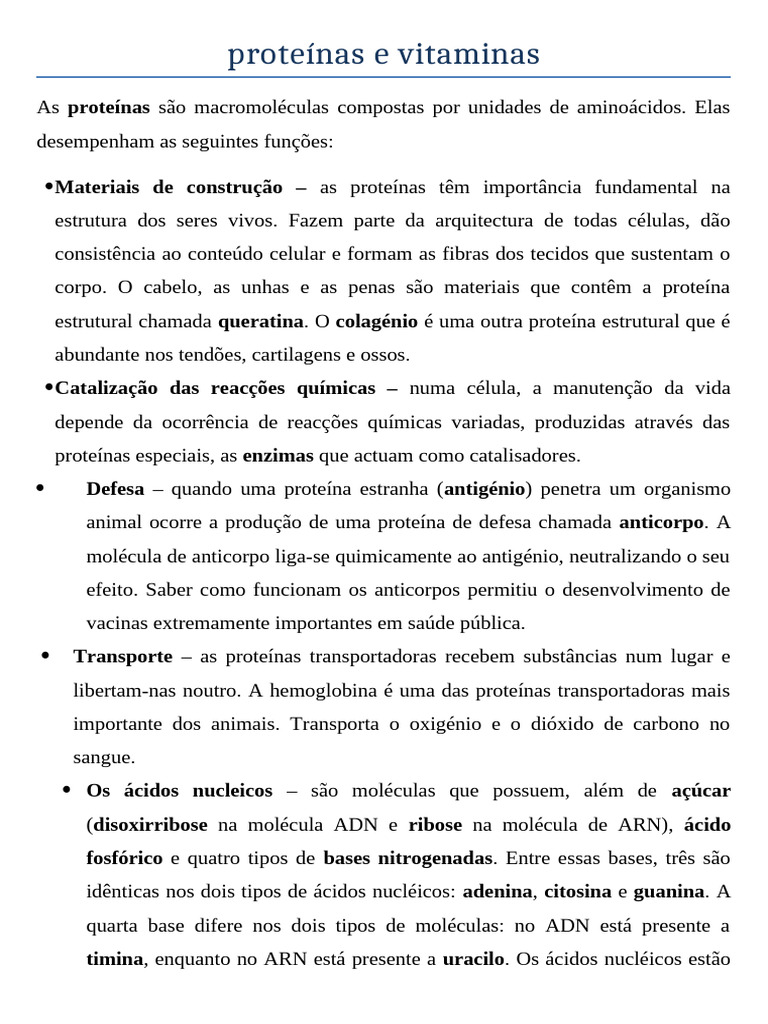 Funções das Proteínas e Vitaminas | PDF