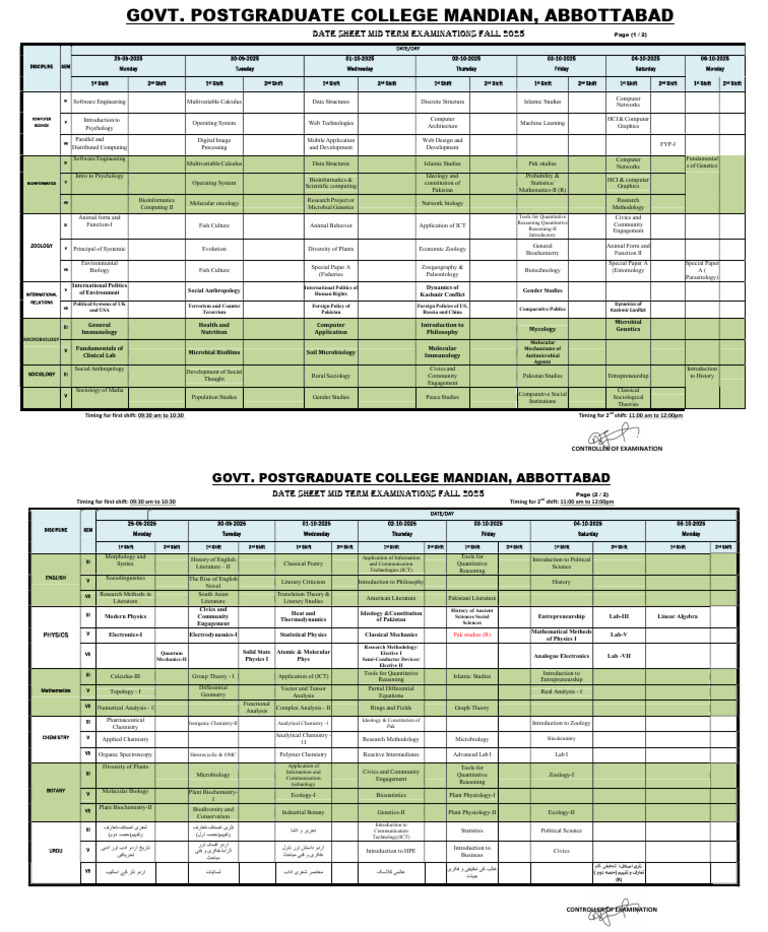 Mid Date Sheet Fall 2025 Final 1 | PDF | Mathematical Analysis | Chemistry