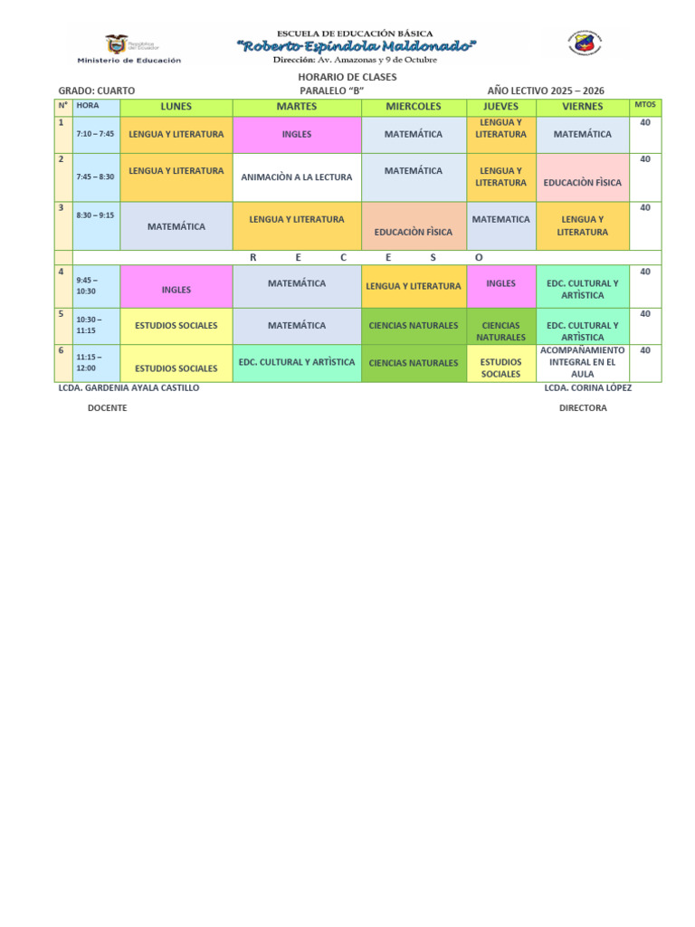 Horario Clases Cuarto Grado B 2025-2026 | PDF