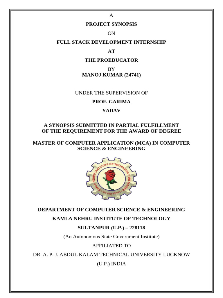 Full Stack Development Internship Synopsis | PDF