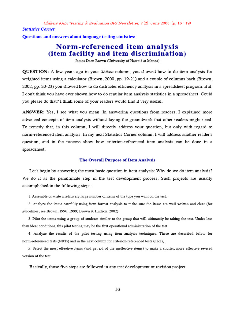 Brown (2003b) - Norm-Referenced Analysis | PDF | Statistics | Spreadsheet