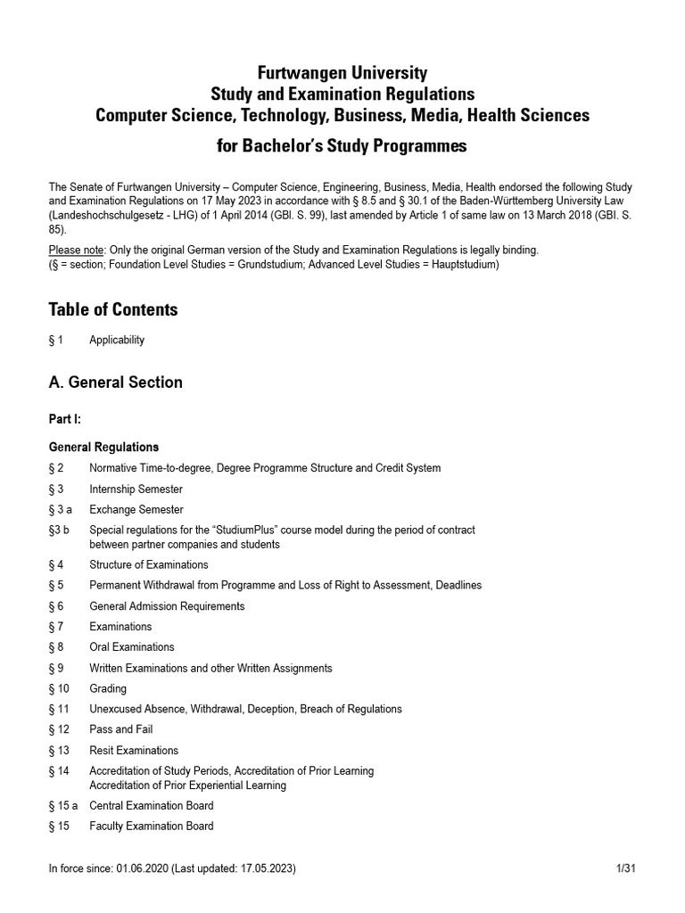 Furtwangen University Bachelor Regulations | PDF | Thesis | Academic Degree