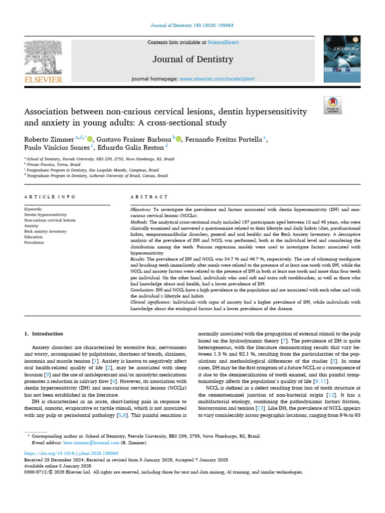 Dentin Hypersensitivity and Anxiety Study | PDF | Human Tooth | Toothbrush