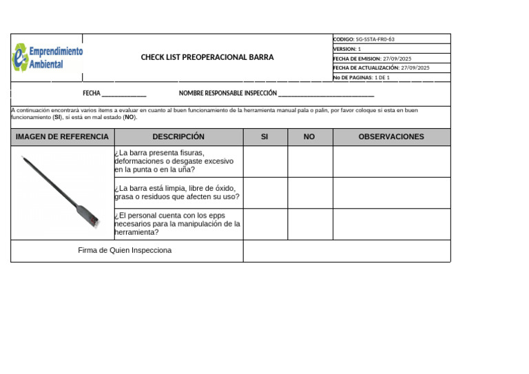 Checklist Preoperacional Barra | PDF