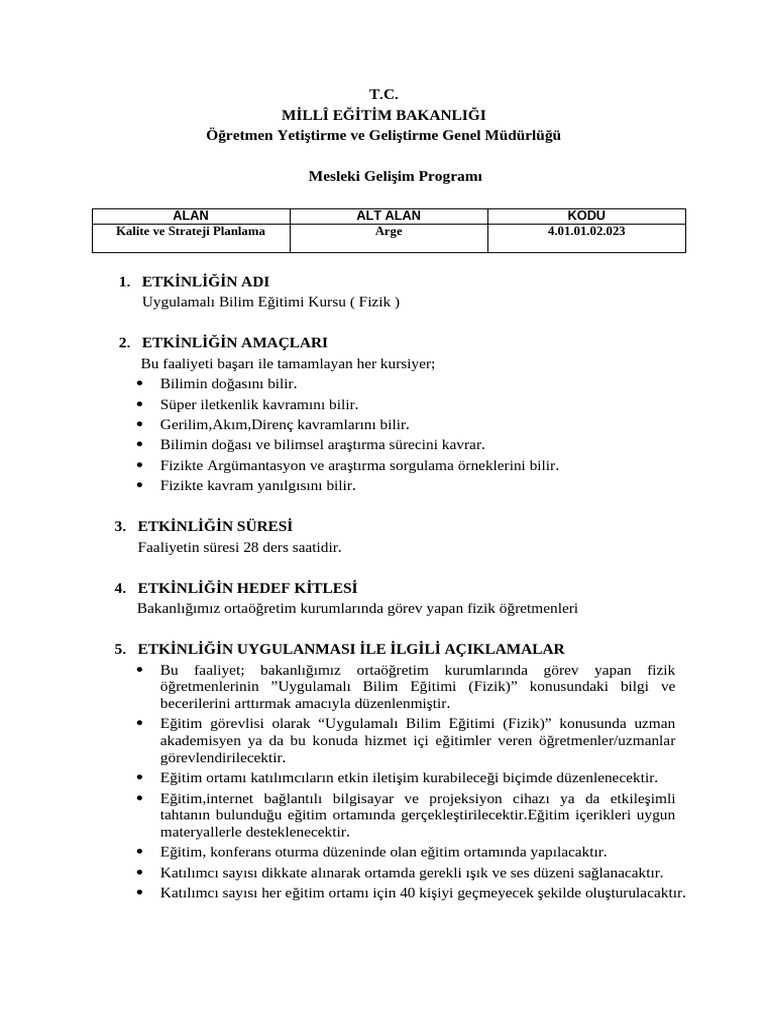 4.01.01.02.023 Uygulamalı Bilim Eğitimi Kursu ( Fizik ) | PDF