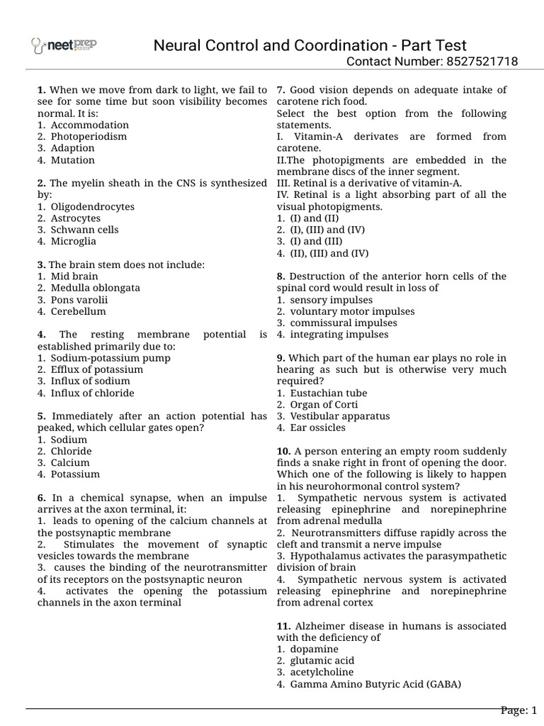 Neural Control and Coordination Quiz | PDF | Neuron | Chemical Synapse