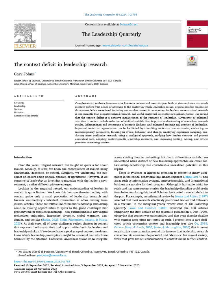Addressing Context Deficit in Leadership | PDF | Leadership | Meta Analysis