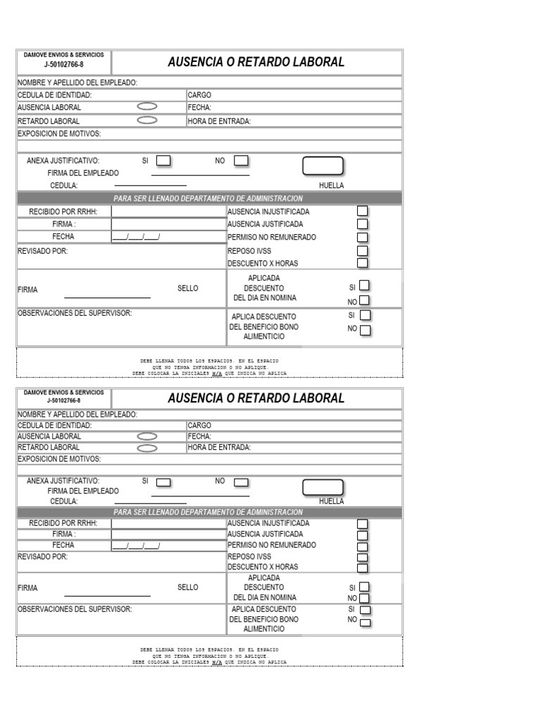 00 Formato Ausencia y Retardo Laboral DAMOVE ES | PDF | Autenticación