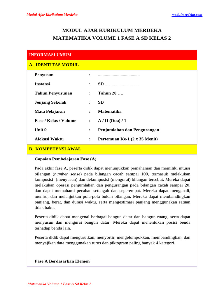Modul Ajar Matematika SD Kelas 2 Fase A | PDF