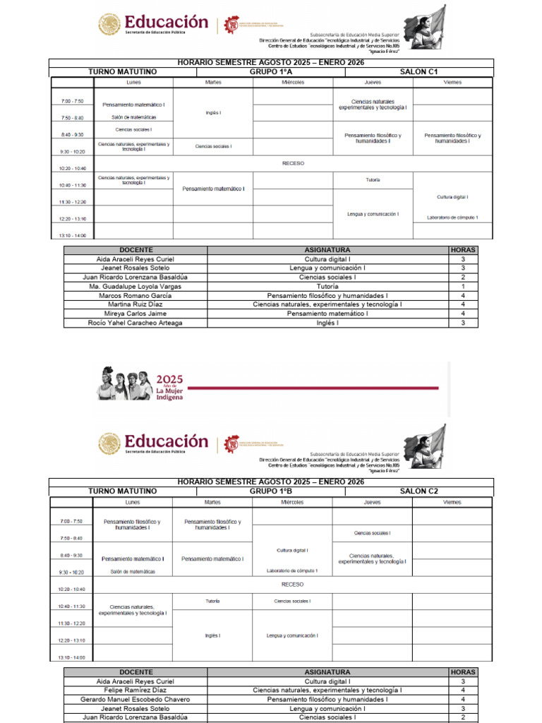 Horario Semestre Agosto 2025 - Enero 2026 | PDF | Educación en artes ...