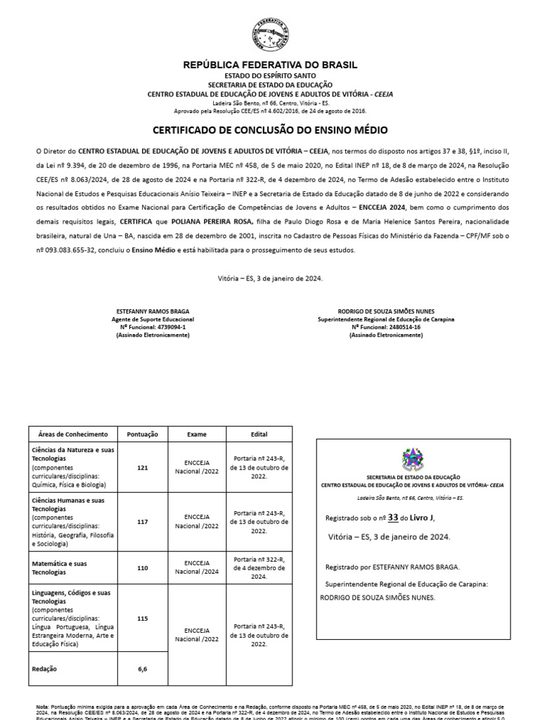 Certificado de Conclusão do Ensino Médio | PDF