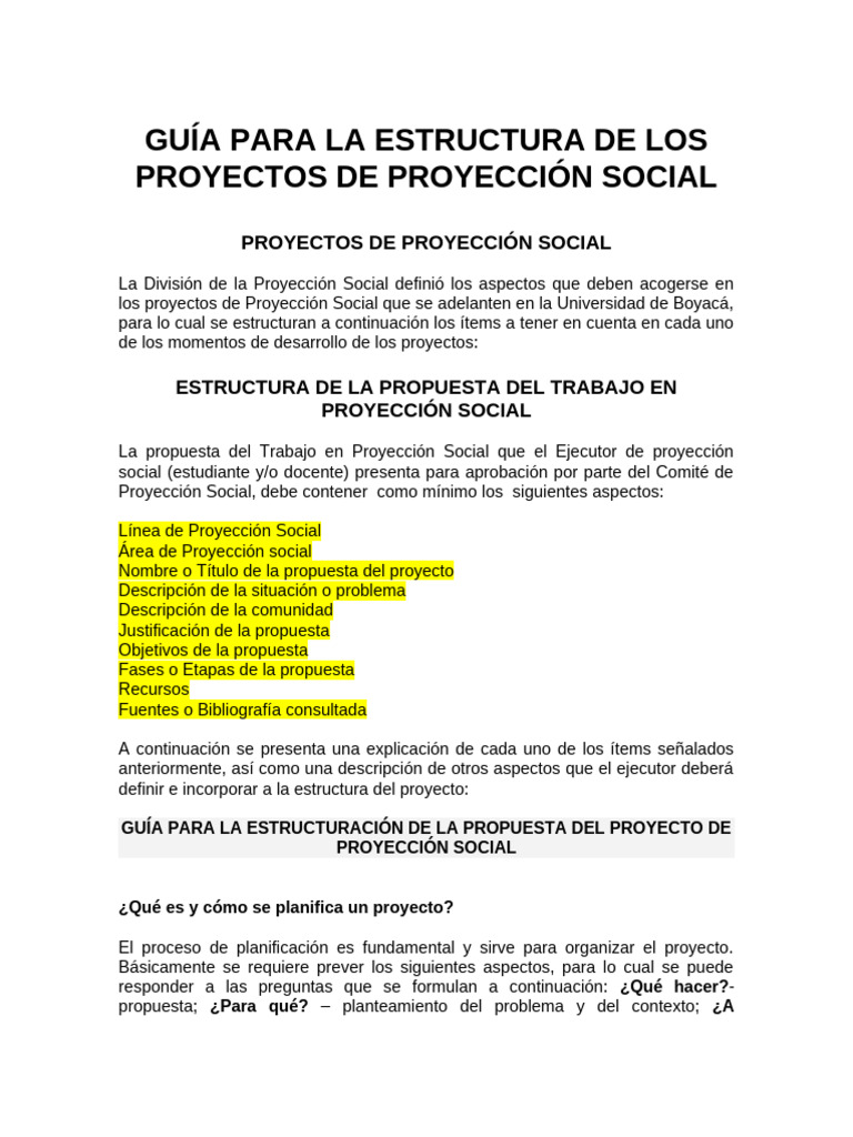 Guia para Estructura Proyectos Proyeccion Social - 2 | PDF | Gestión de ...