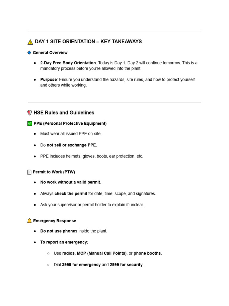 Day 1 Site Orientation - Key Takeaways | PDF | Occupational Safety And ...