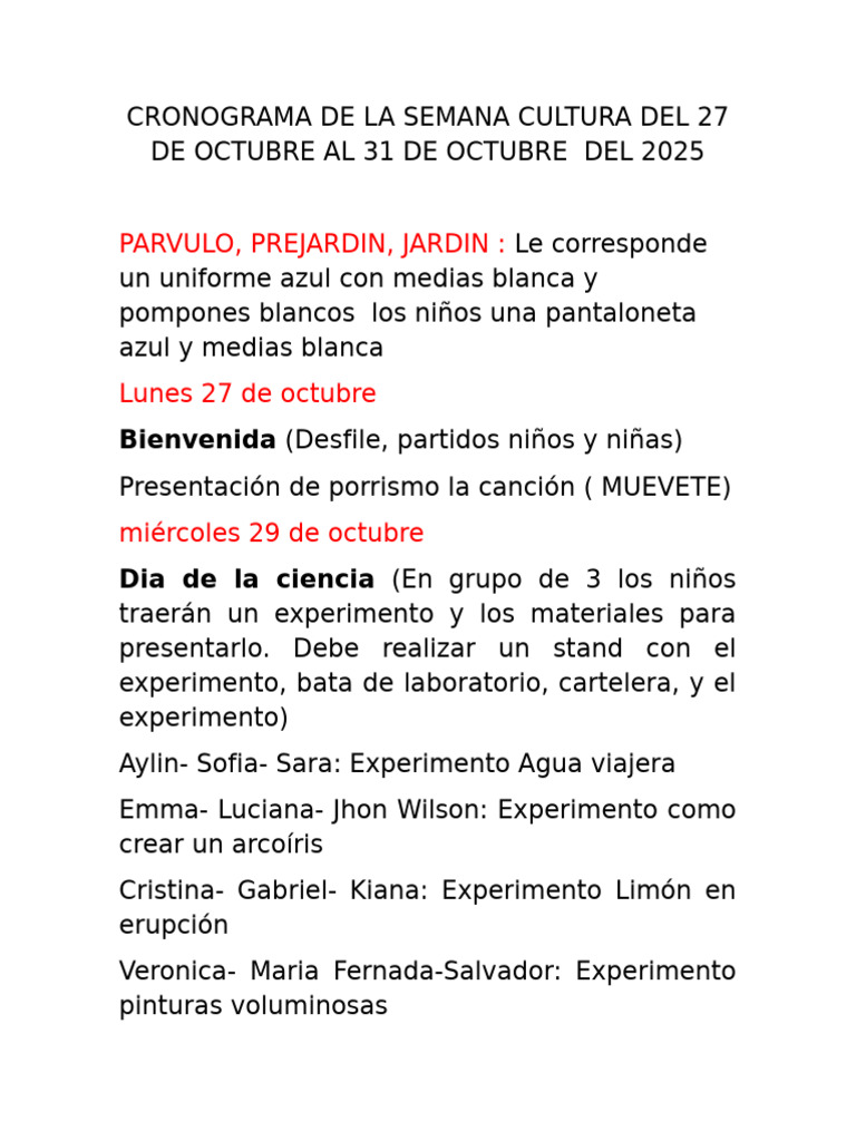 Cronograma de La Semana Cultura Del 27 de Octubre Al 31 de Octubre Del ...