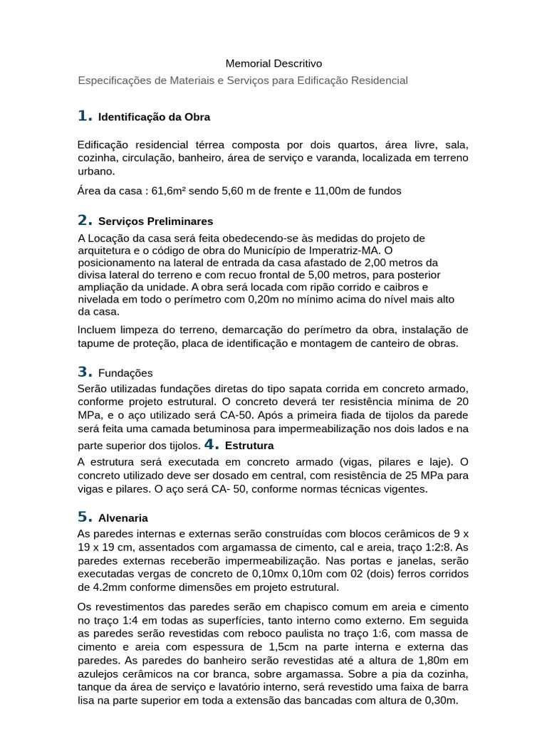 Memorial Descritivo de Edificação Residencial | PDF | Argamassa ...