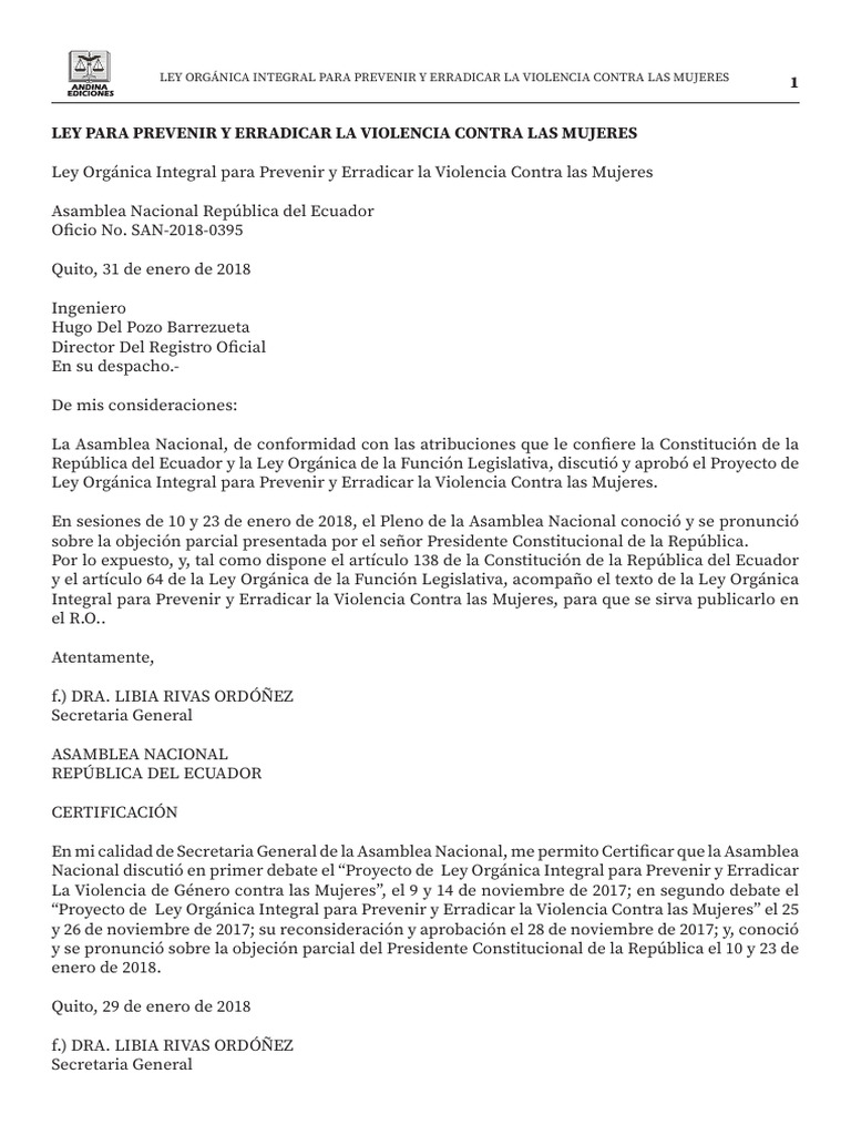 Ley Orgánica Integral para Prevenir y Erradicar La Violencia Contra Las ...