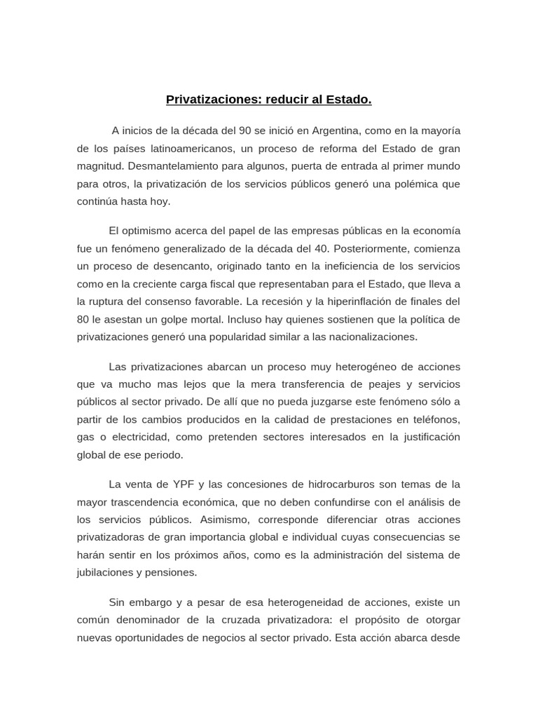 Privatizaciones en Argentina: Impacto y Críticas | PDF | Desempleo ...