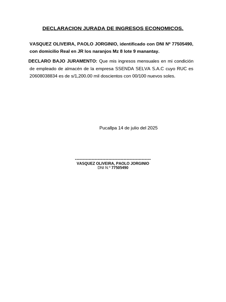 Declaracion Jurada de Ingresos Economicos | PDF