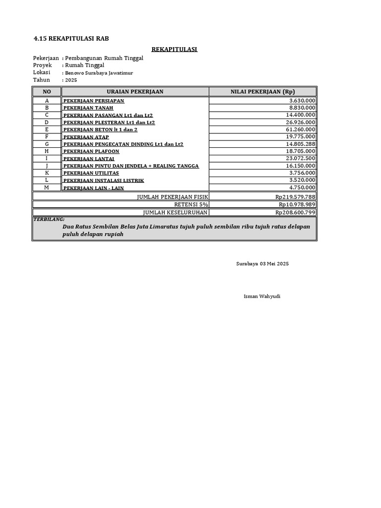 Rekapitulasi RAB Pembangunan Rumah 2025 | PDF