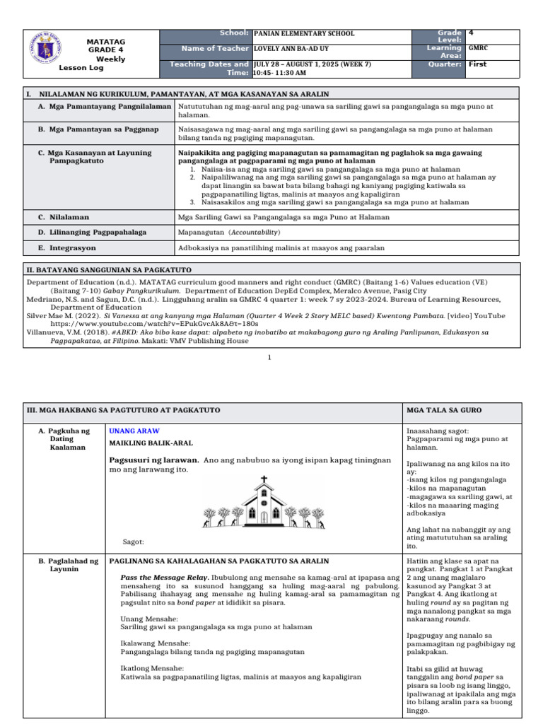 DLL Matatag - GMRC 4 q1 w7 | PDF