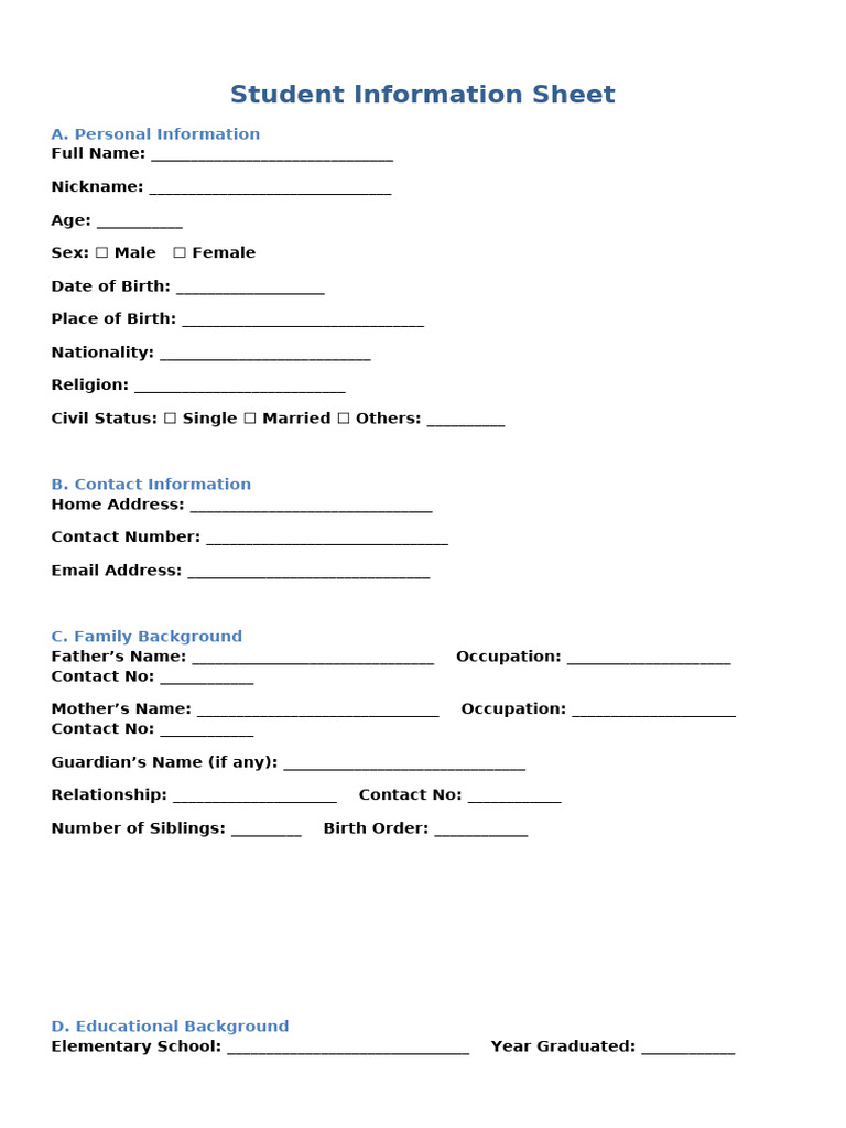 Comprehensive Student Information Sheet | PDF