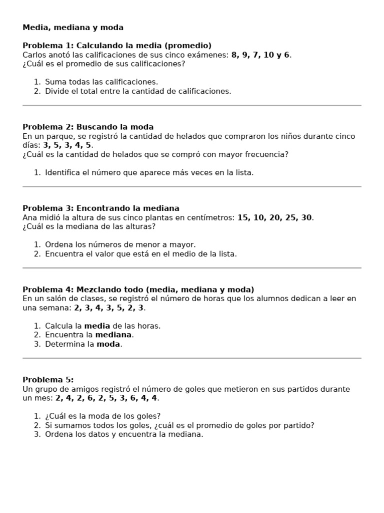 Media, Mediana y Moda: Ejercicios Prácticos | PDF
