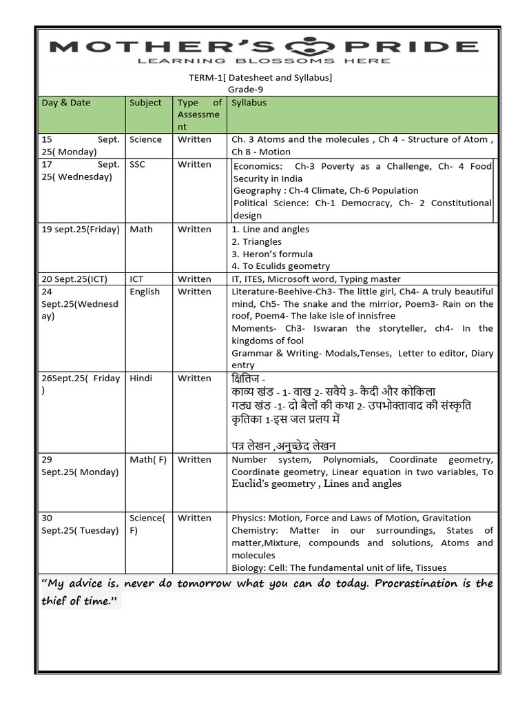 Grade 9 Term 1 Datesheet & Syllabus | PDF | Mathematics | Physical Sciences