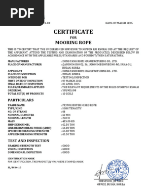 Mooring Rope Inspection Certificate | PDF