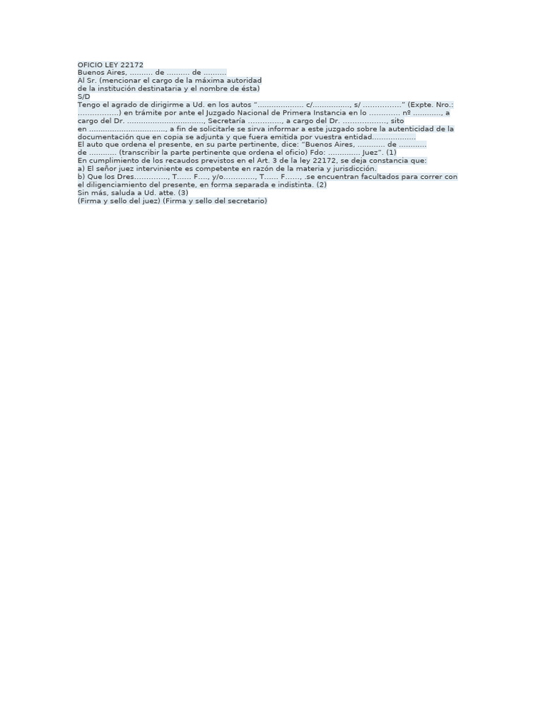 Oficio según Ley 22172 Argentina | PDF