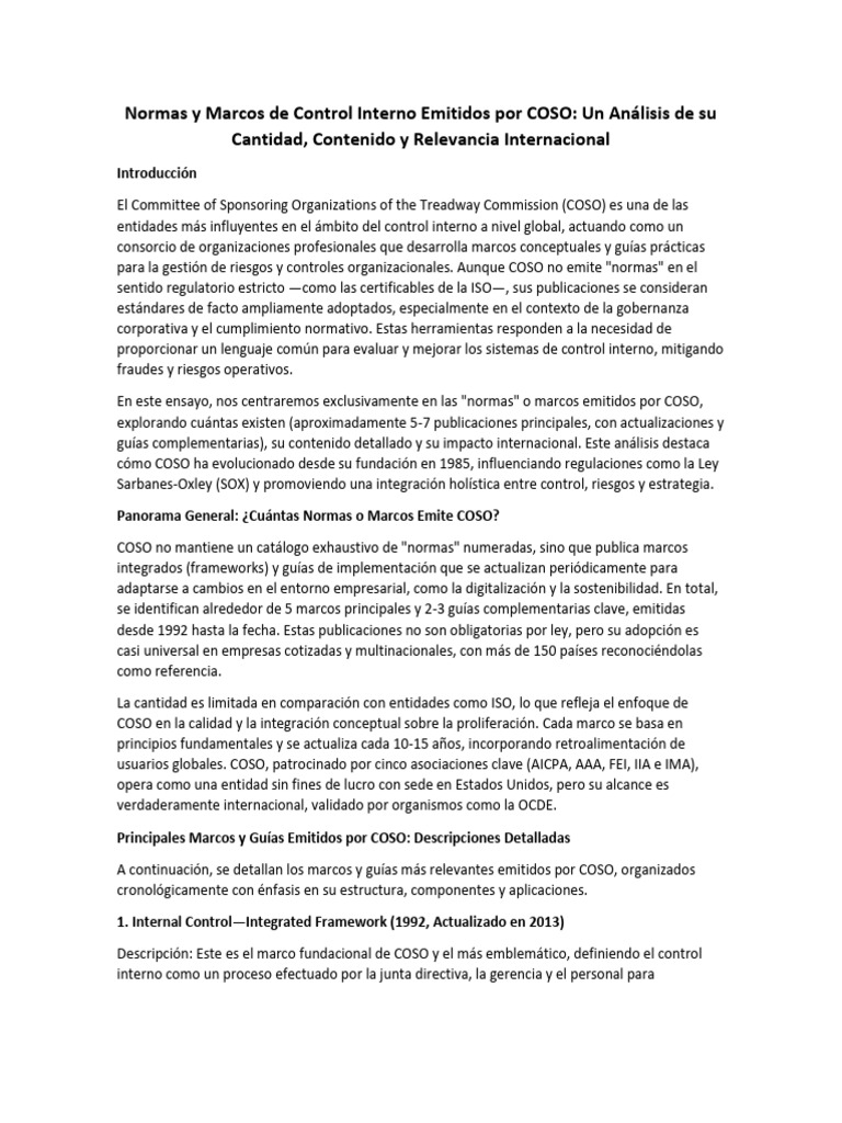 Normas y Marcos de Control Interno Emitidos Por COSO | PDF ...