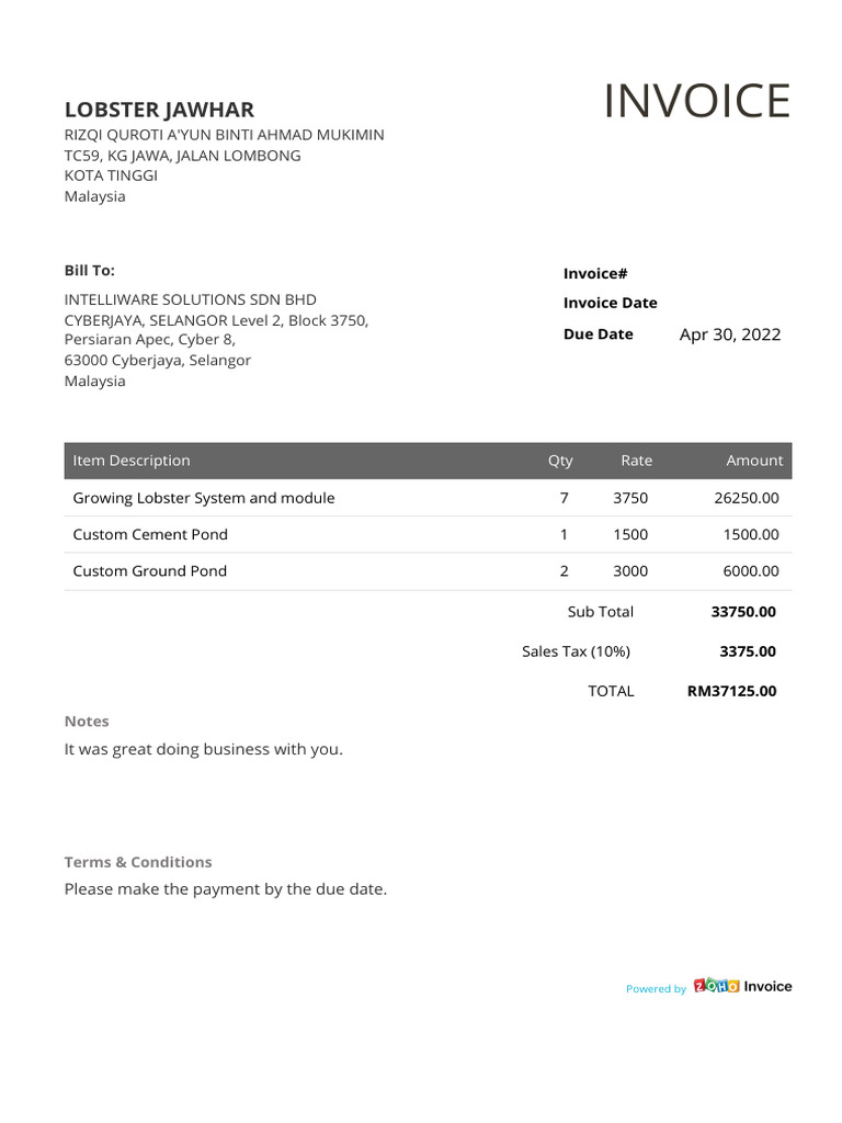 Invoice for Lobster Farming Equipment | PDF