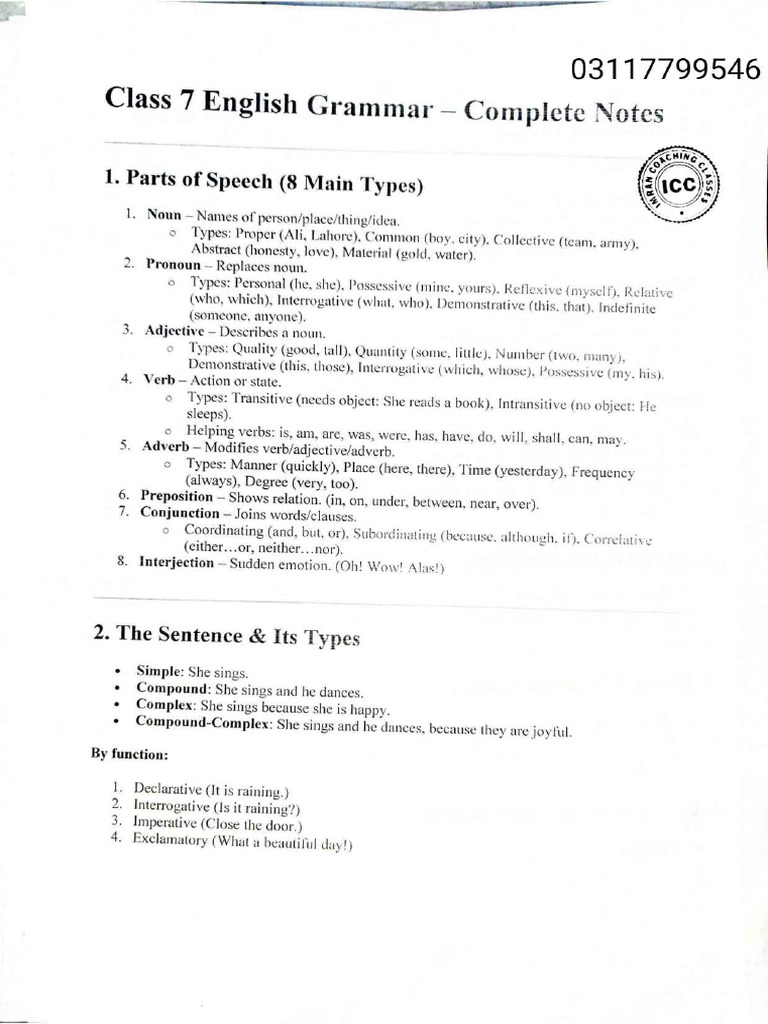 Class 7 English Grammar | PDF