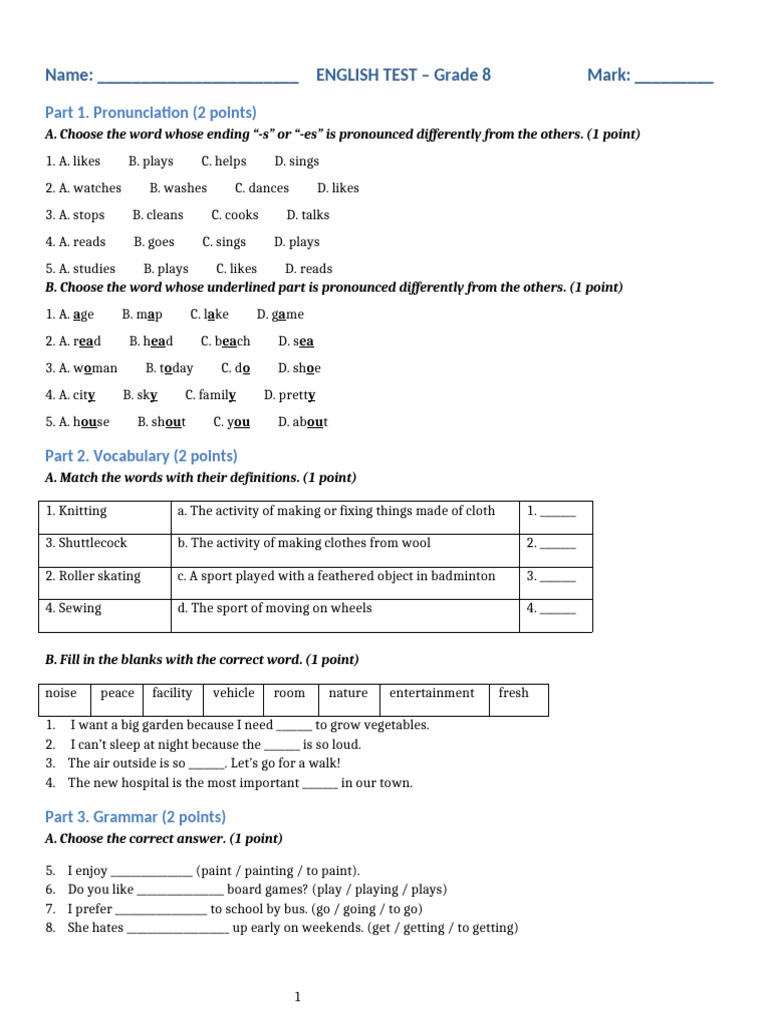Grade 8 English Test: Pronunciation & Vocabulary | PDF