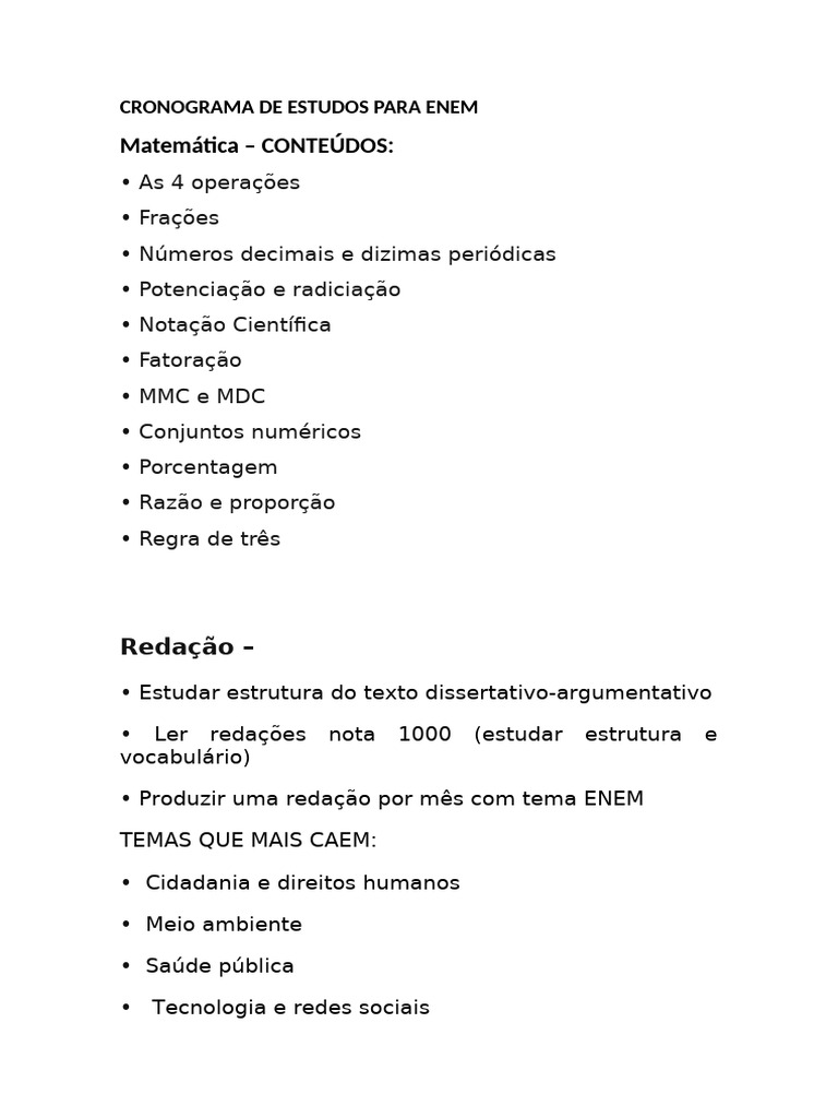 Cronograma de Estudos para o ENEM | PDF