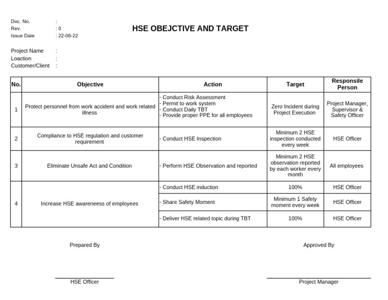 Contoh Form HSE Objective and Target | PDF | Labor Relations | Safety