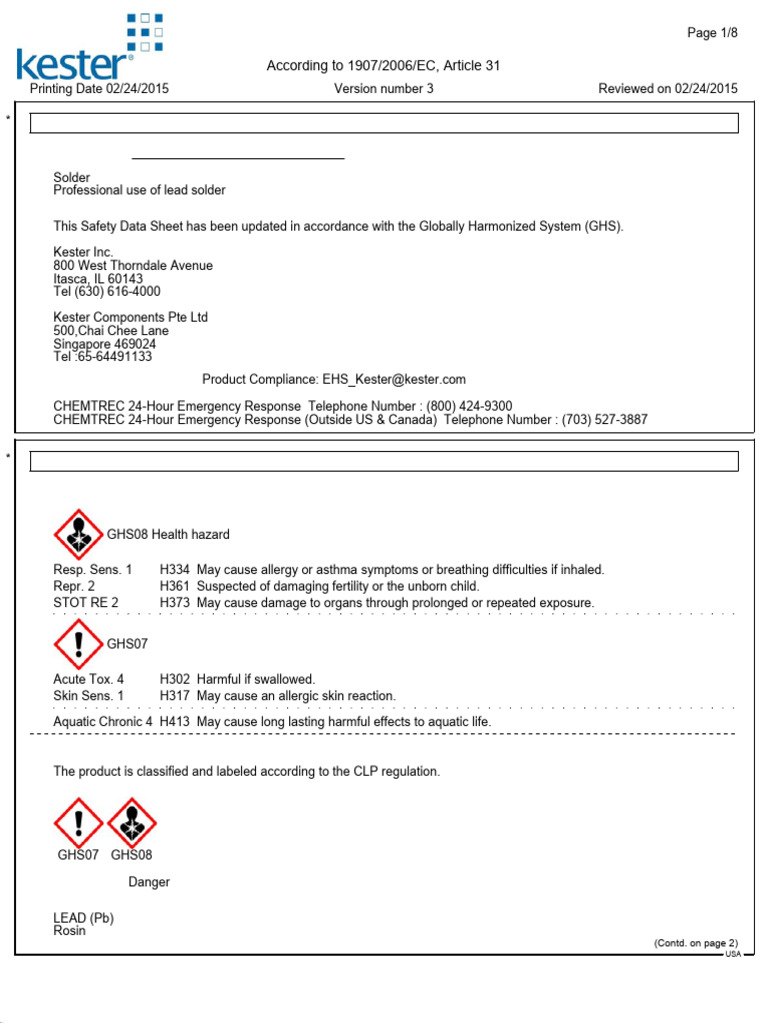 Safety Data Sheet for 44 Flux-Cored Solder | PDF | Dangerous Goods ...