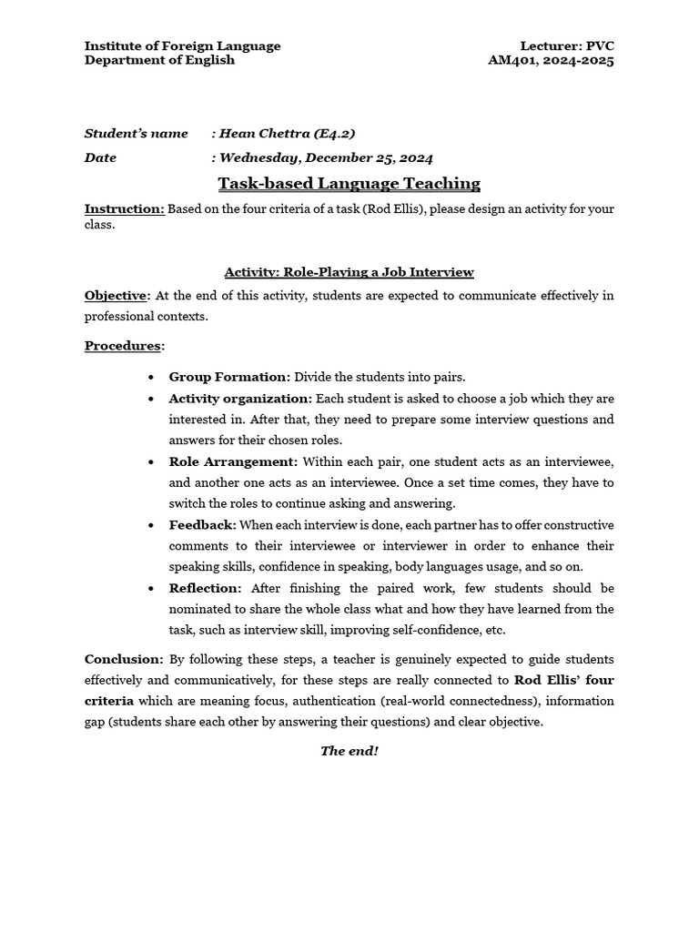AM401 Task Based Language Teaching Activity Design Hean Chettra | PDF