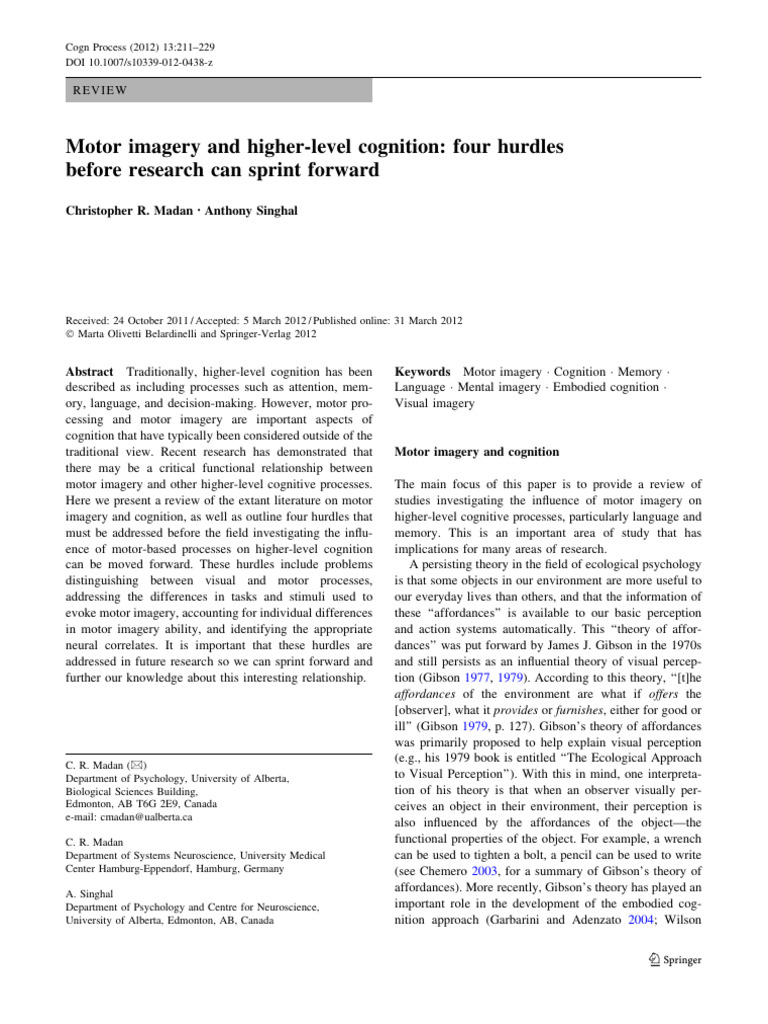 Motor Imagery's Impact on Cognition | PDF | Mental Image | Memory