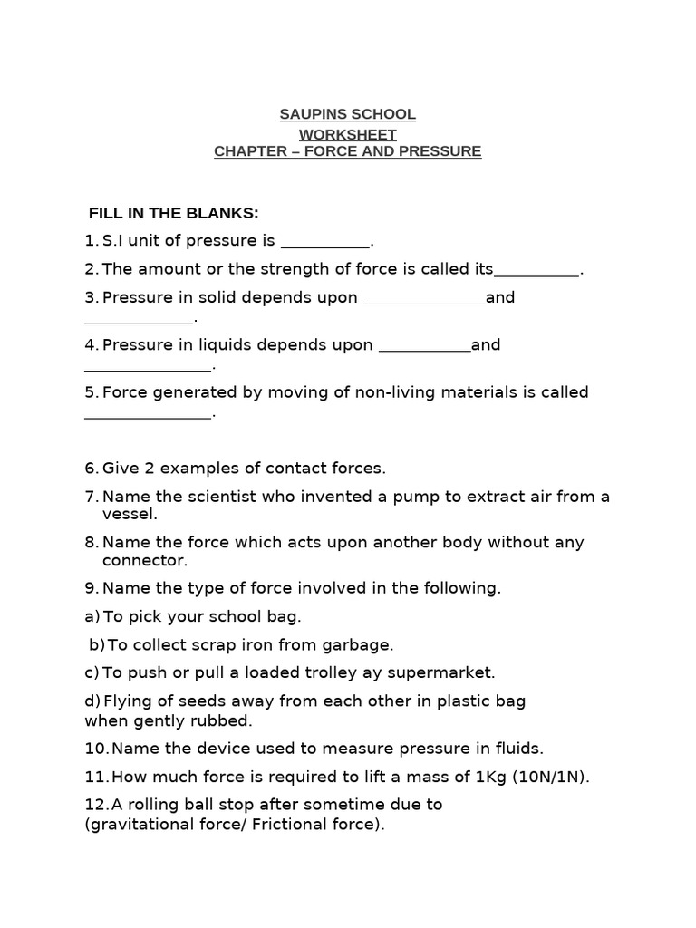 Force and Pressure Worksheet for Students | PDF | Force | Pressure